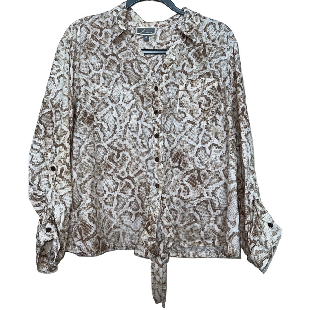 JM COLLECTION SNAKE PRINT TIE BLOUSE - SIZE 14